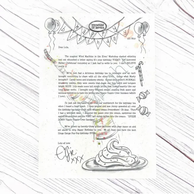 Handcrafted, personalised Elf letter from the North Pole. The Elves have a delicious Birthday Tea to celebrate your child's Birthday!