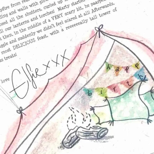 Handcrafted, personalised Elf letter from the North Pole. The Elves have an Indoor Camping Party to celebrate your child's Birthday!