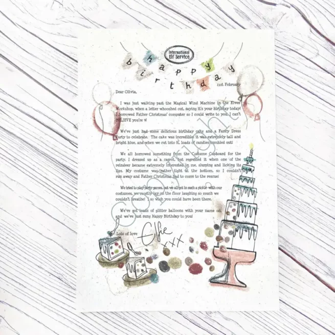 Handcrafted, personalised Elf letter from the North Pole. The Elves have a Fancy Dress Party to celebrate your child's Birthday!