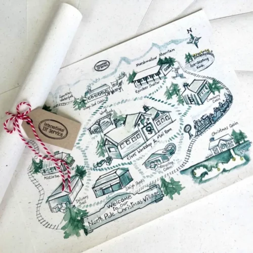 A beautifully handcrafted North Pole Map of the Christmas Village, where the Elves help Father Christmas get ready for the Big Delivery on Christmas Eve.