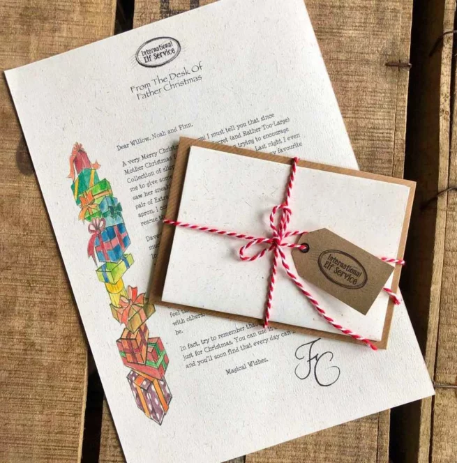 Our personalised letter from Father Christmas in the North Pole comes with a personalised envelope, a length of Candy Cane Twine and an official Internaational Elf Service Gift Tag. Printed on 100% recycled paper.