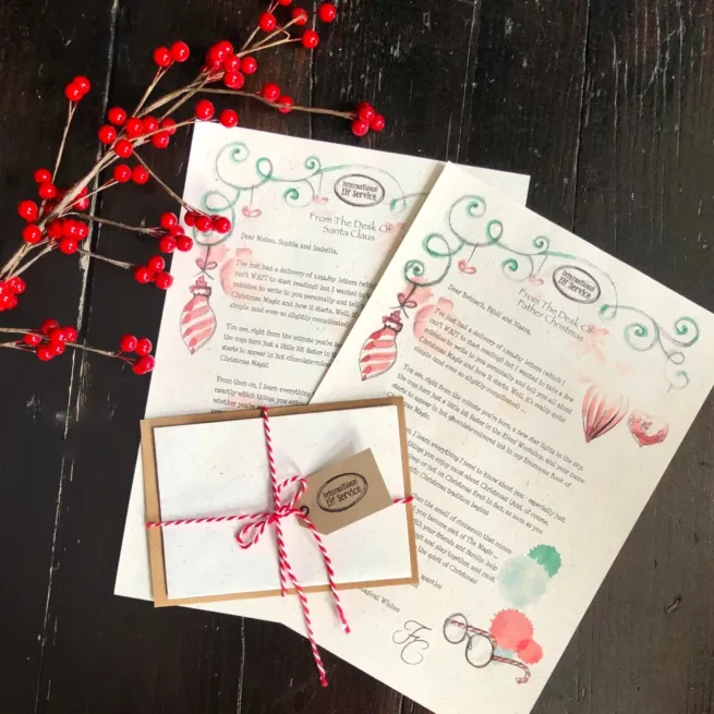 The Believe letter from Father Christmas or Santa Claus. Where children discover what happens in the North Pole when they’re born, how their names enter the enormous book of Christmas Magic and how special they are. Delivered by International Elf Service