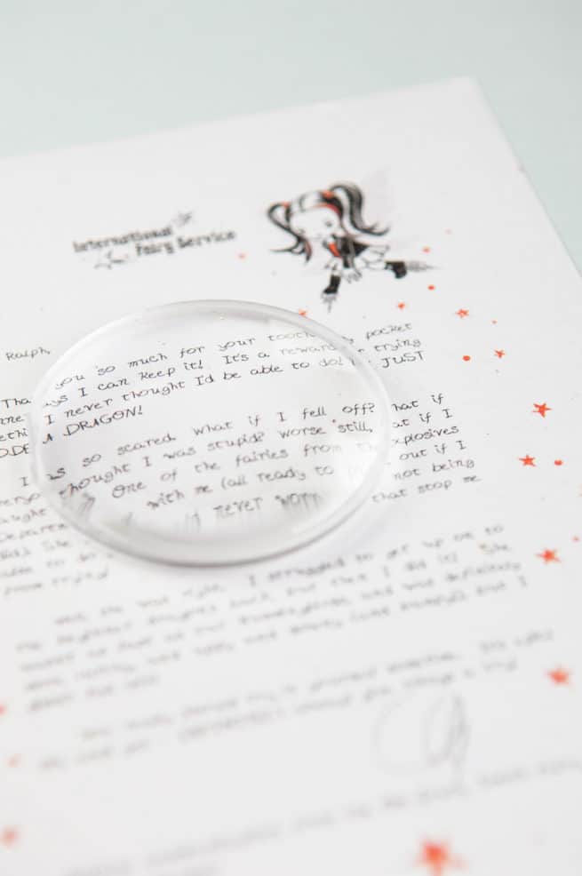 No Tooth Fairy letter is complete without a lovely dew drop magnifying lens to read it with either. Well you don't need one really, but it does make it easier, PLUS it's so much more fun! International Fairy Service