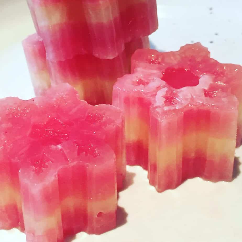 Beautiful layered watermelon & Pineapple Snowflake Ice Cubes. Perfect for kids' Christmas Cocktails!